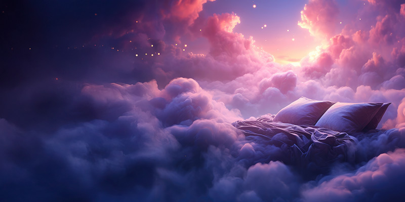 Ruhige Wolkenlandschaft mit Bett als Symbol für Musik zum Einschlafen und innere Ruhe